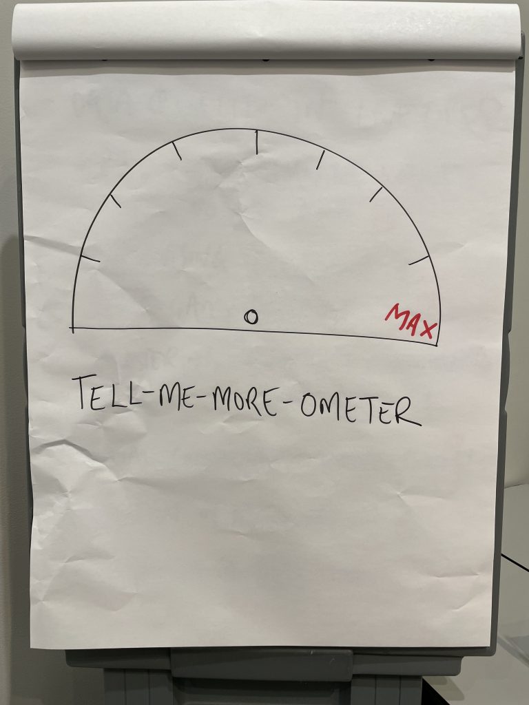 A hand-written flipchart with a semi-circular dial reading 'tell me more o'meter'